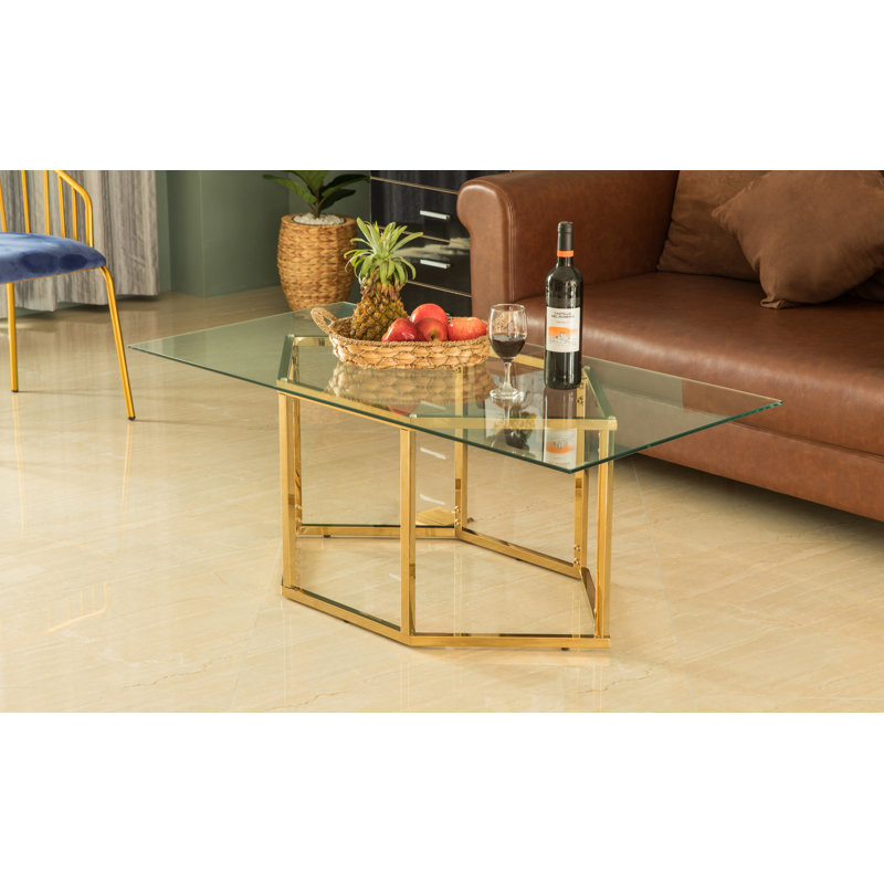 Everly Quinn Rectangular Glass Top Hexagon Gold Stainless Steel Metal Base Coffee Table Wayfair